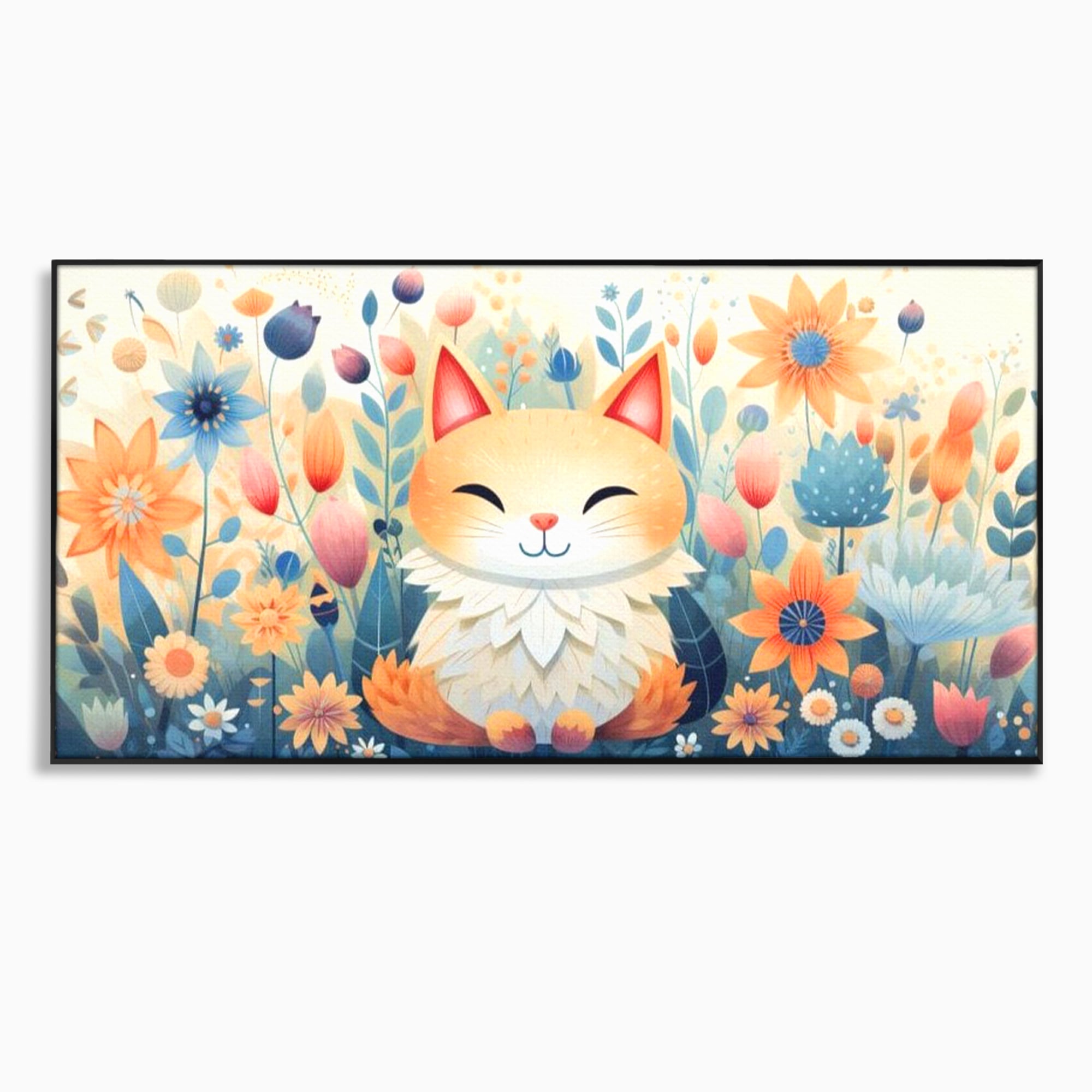 Tablou canvas cu tablou canvas cu pisicuta in gradina cu flori, in rama de aluminiu negru